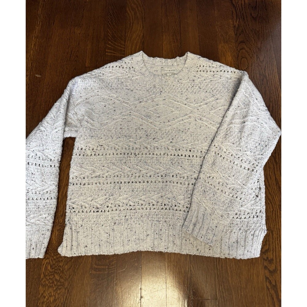 Lucky Brand Women M Confetti Speckled Knit Sweater Cream Mixed Open Pointelle